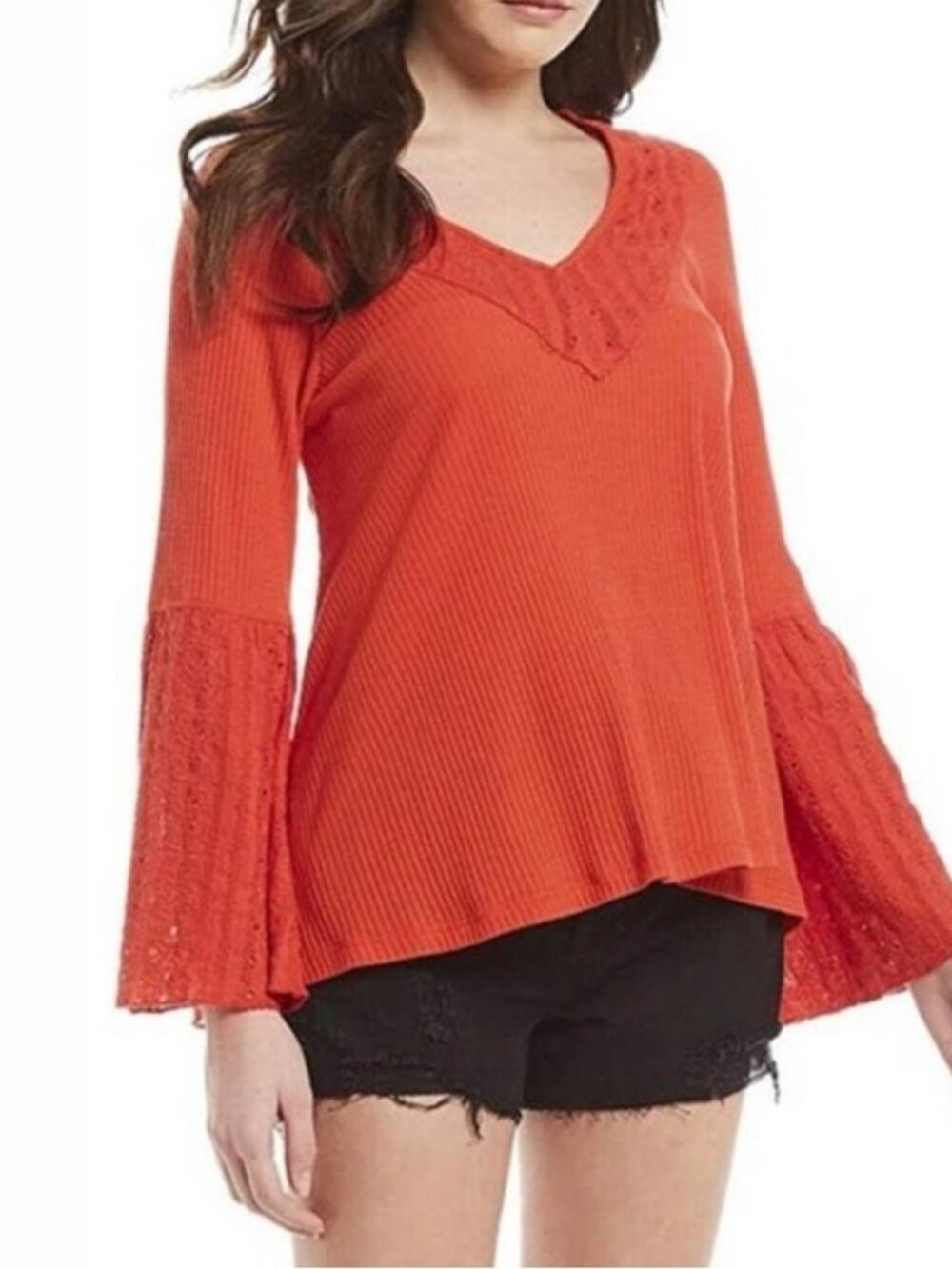 Partisan Boho Red Ribbed Bell Sleeve Embroidered Blouse - XS - Picture 5 of 5